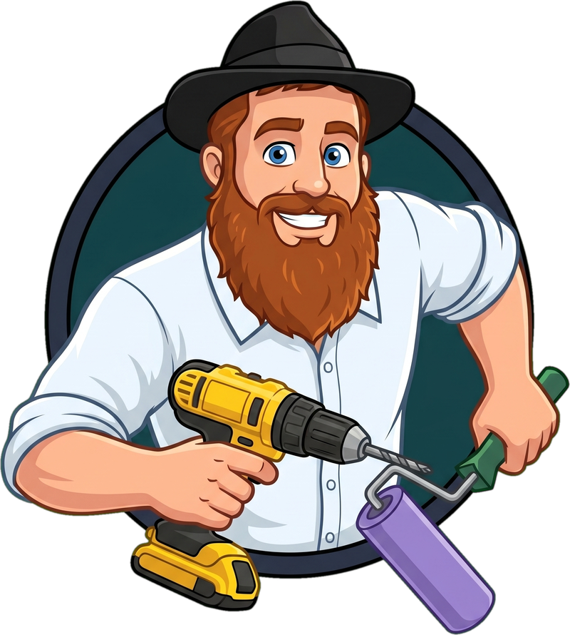 The Handy Rabbi mascot - a bearded craftsman in a black hat holding a drill and a paint roller